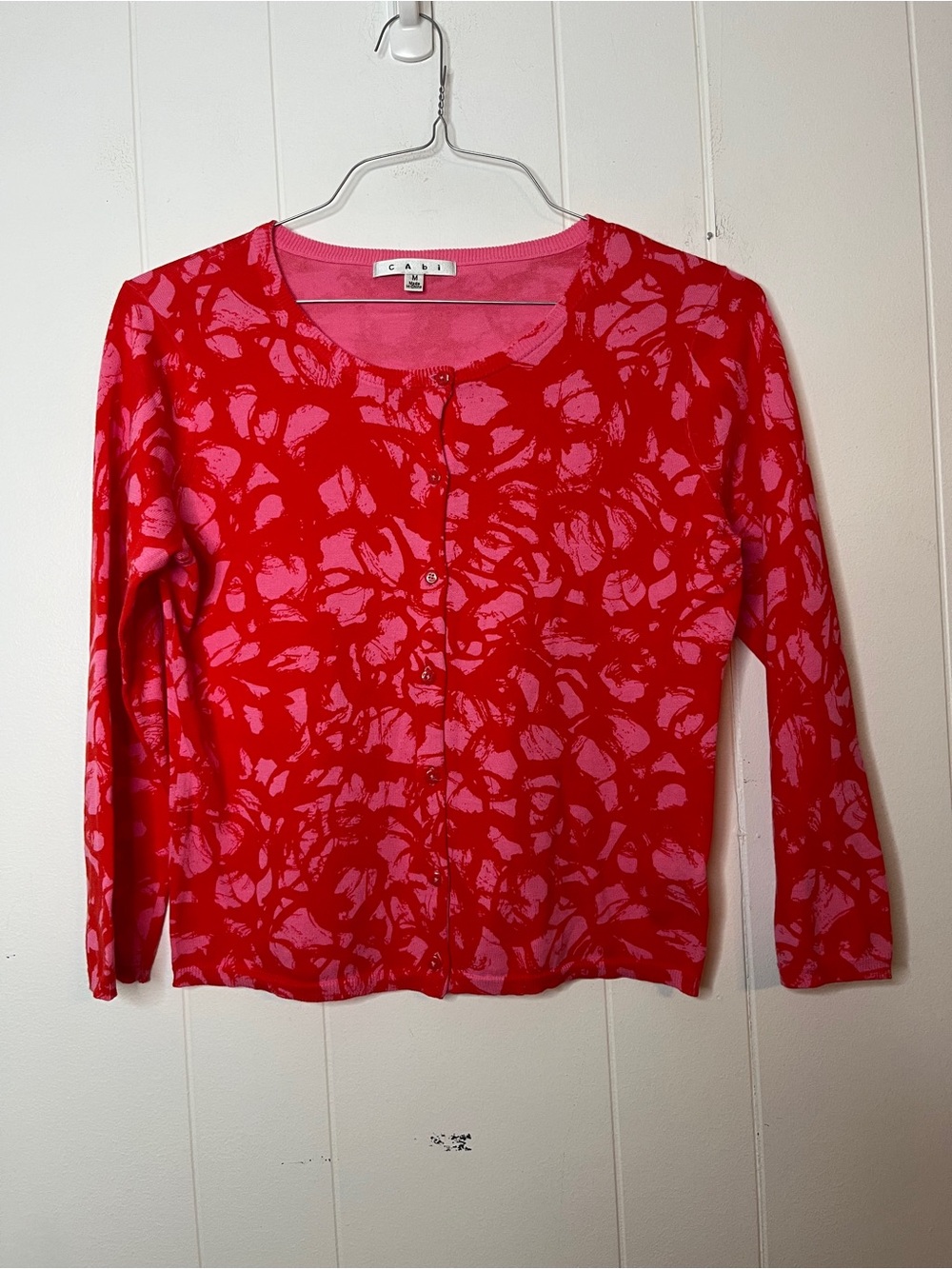 CAbi 100% Cotton lightweight Red & Pink Patterned Button-Front Cardigan M